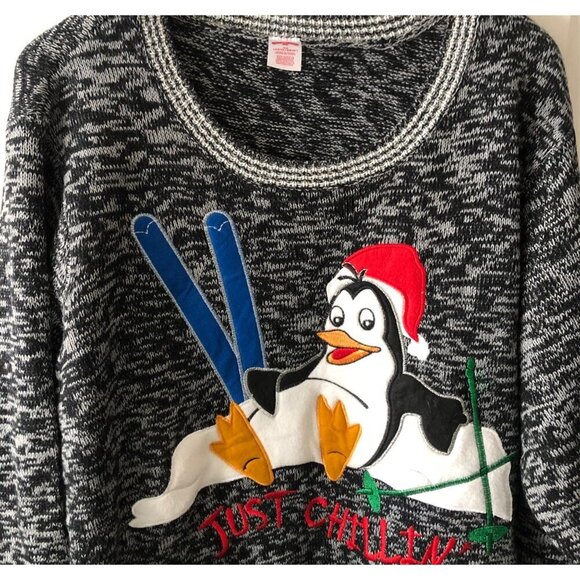 Women's 4XL Winter Just Chillin Penguin Skiing Sweater Blk & Gray - Picture 2 of 7